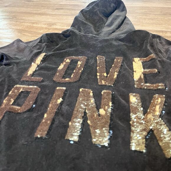Victoria’s Secret Pink Hoodie Medium Black Gold Sequin Bling Vintage Full Zip - Picture 11 of 16